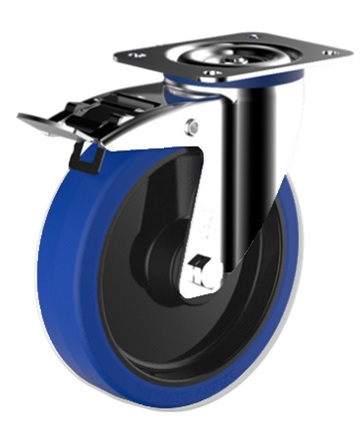 Blue elastic rubber wheel mounted on a stainless steel swivel top plate castor with brake