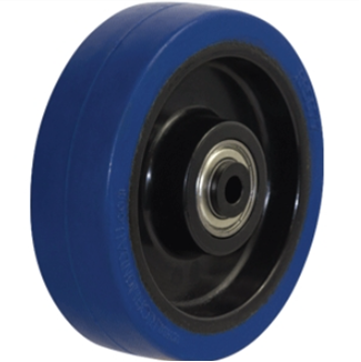 Blue elastic rubber wheel with black nylon centre and precision ball bearing