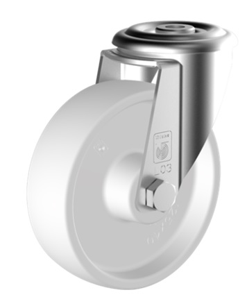 White nylon wheel mounted on a bolt hole swivel castor