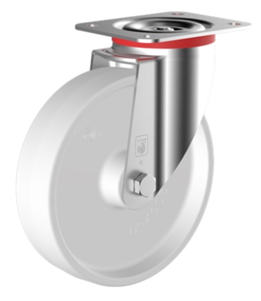 White nylon wheel mounted on a swivel top plate castor