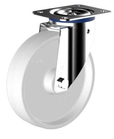 White nylon wheel mounted on a swivel top plate castor