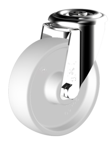 White nylon wheel mounted on a bolt hole swivel castor