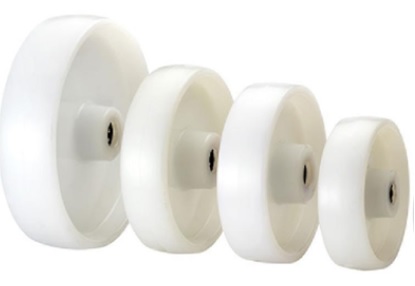 White nylon wheels available in multiple sizes for industrial applications