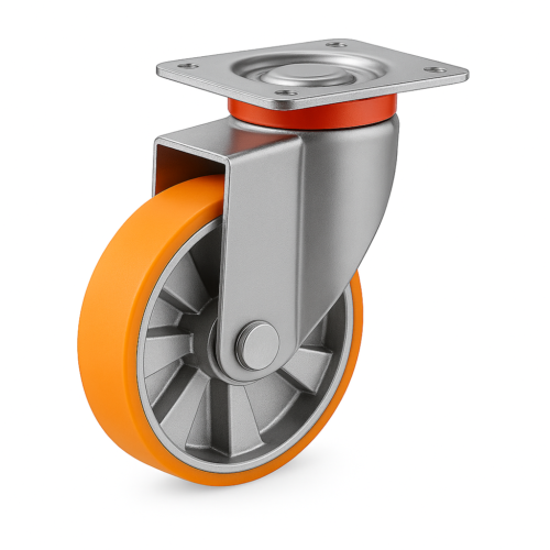 Orange polyurethane wheel with cast aluminium rim mounted on a swivel top plate castor