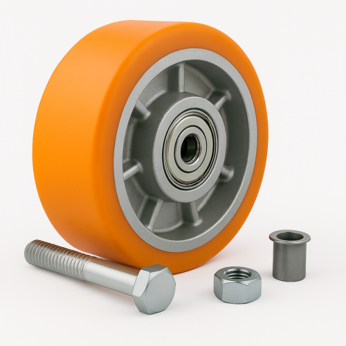 Orange polyurethane wheel with cast aluminium rim, axle bolt, nut and T bush