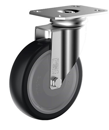 Grey thermoplastic rubber wheel mounted on a swivel top plate castor