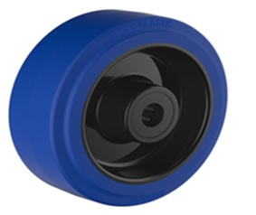 Blue elastic rubber wheel with black nylon centre and plain bore hub
