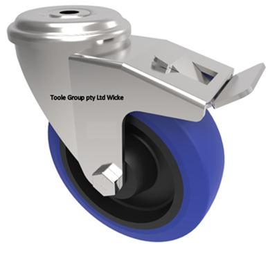 Blue elastic rubber wheel mounted on a stainless steel bolt hole swivel castor with brake