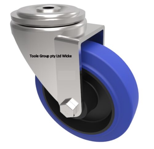 Blue elastic rubber wheel mounted on a stainless steel bolt hole swivel castor