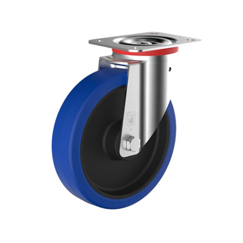 Blue elastic rubber wheel mounted on a stainless steel swivel top plate castor